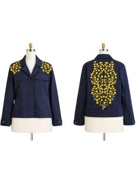 Boden Ruby Embroidered Utility Jacket Navy Yellow Floral 10 Petite